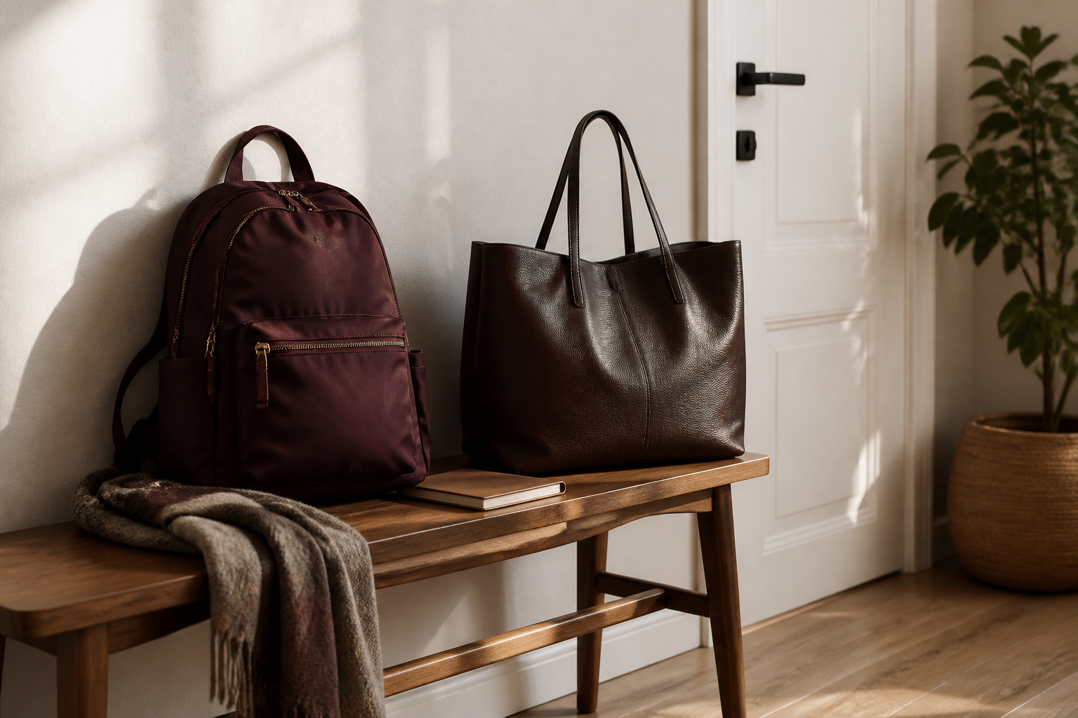 Bolsos sin marcas visibles en una entrada luminosa